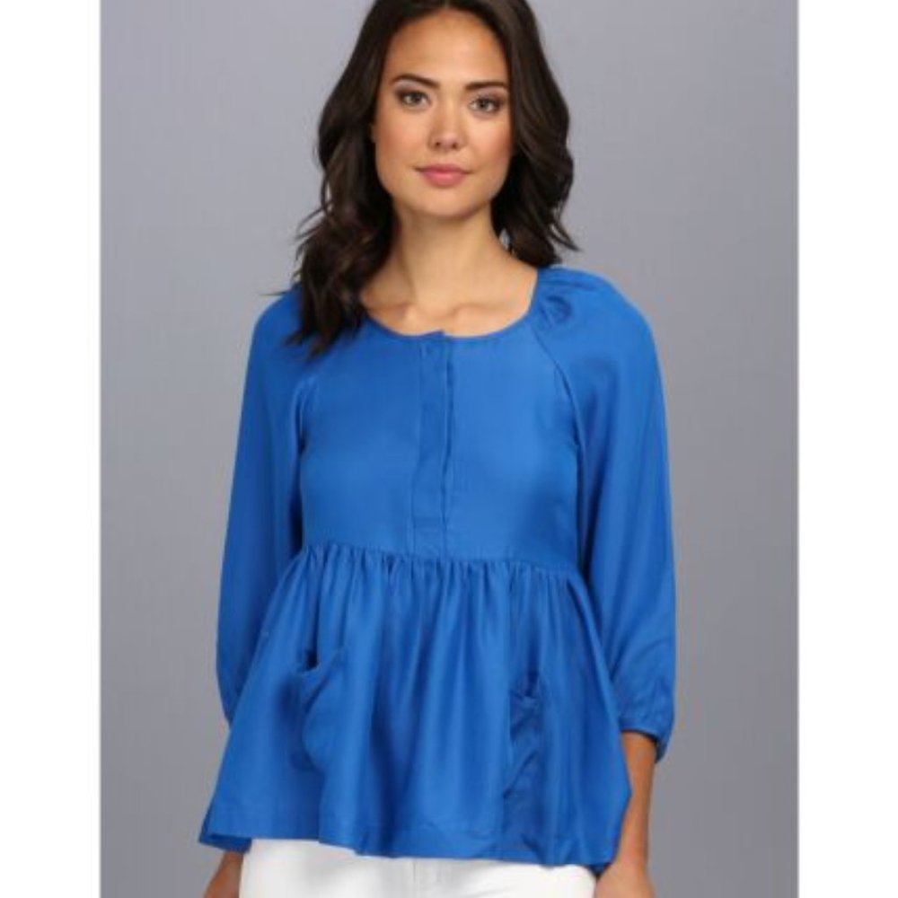 French Connection Silk blend peplum Blouse Tunic royal blue blouse top  sz0